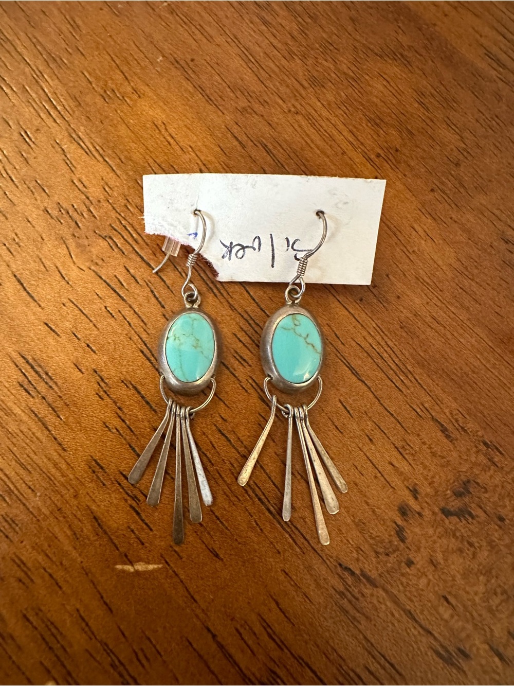 Silver and Turquoise Oval Dangle Earrings with Silver Fringe
